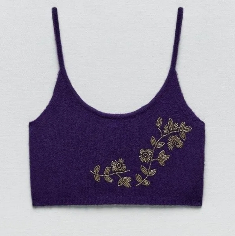 🌞NWOT ZARA BEADED KNIT CROP TOP PURPLE WOOL BLEND BLOGGERS FAV SMALL - Picture 13 of 13